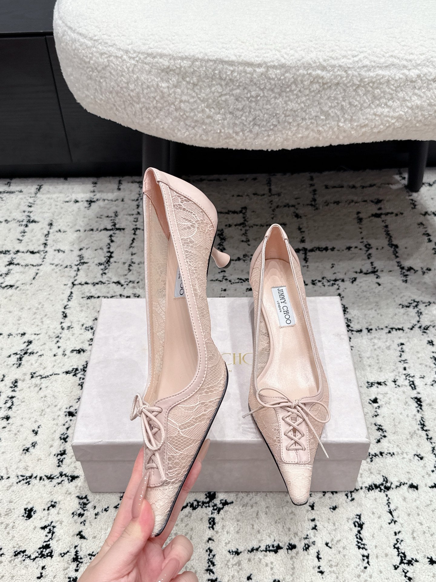 JIMMY CHOO 26S LACE-UP HIGH HEELS 45 MM IN NUDE PINK LACE FABRIC