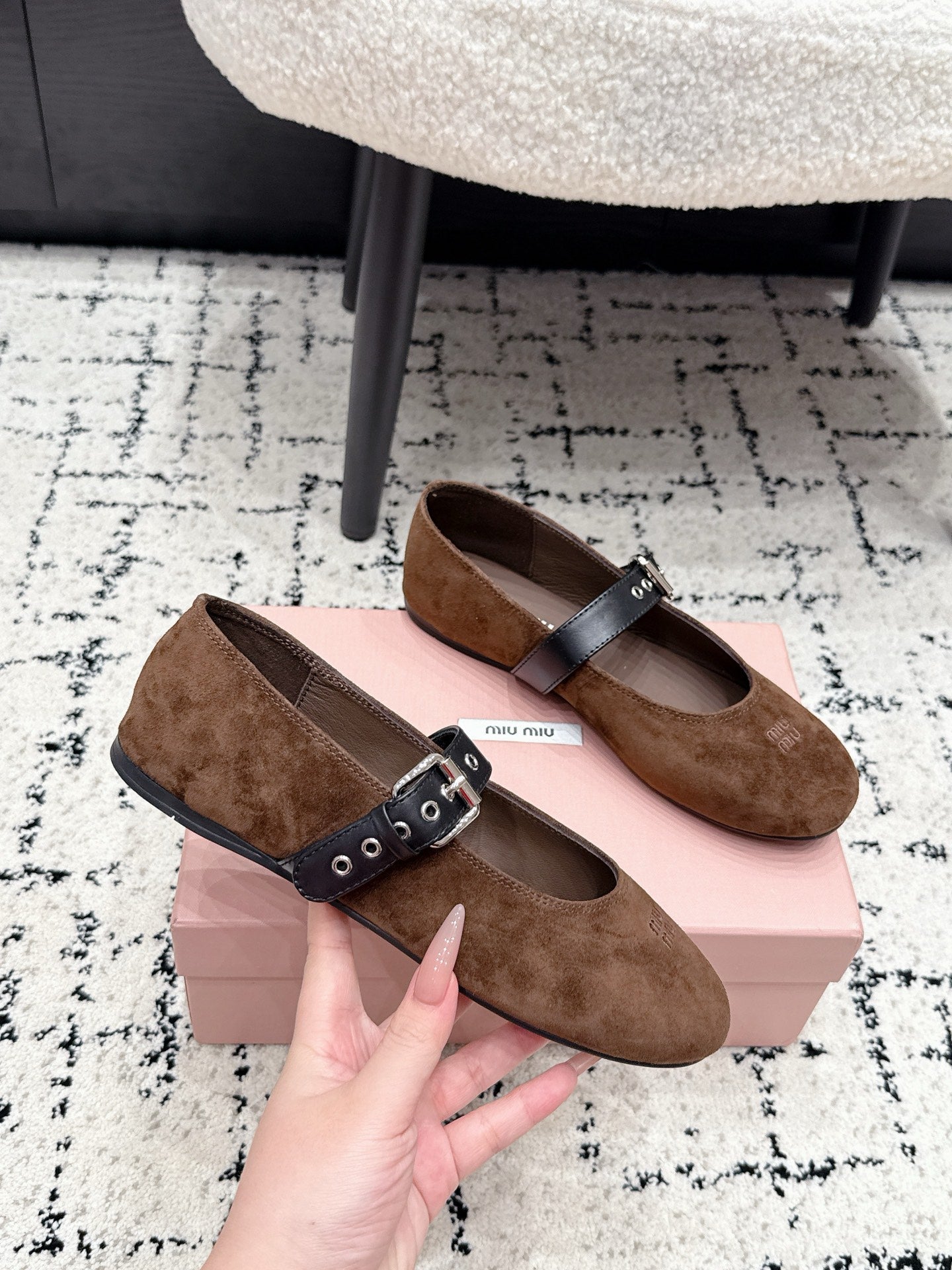 MIUMIU 26S BALLET FLATS IN DARK BROWN SUEDE