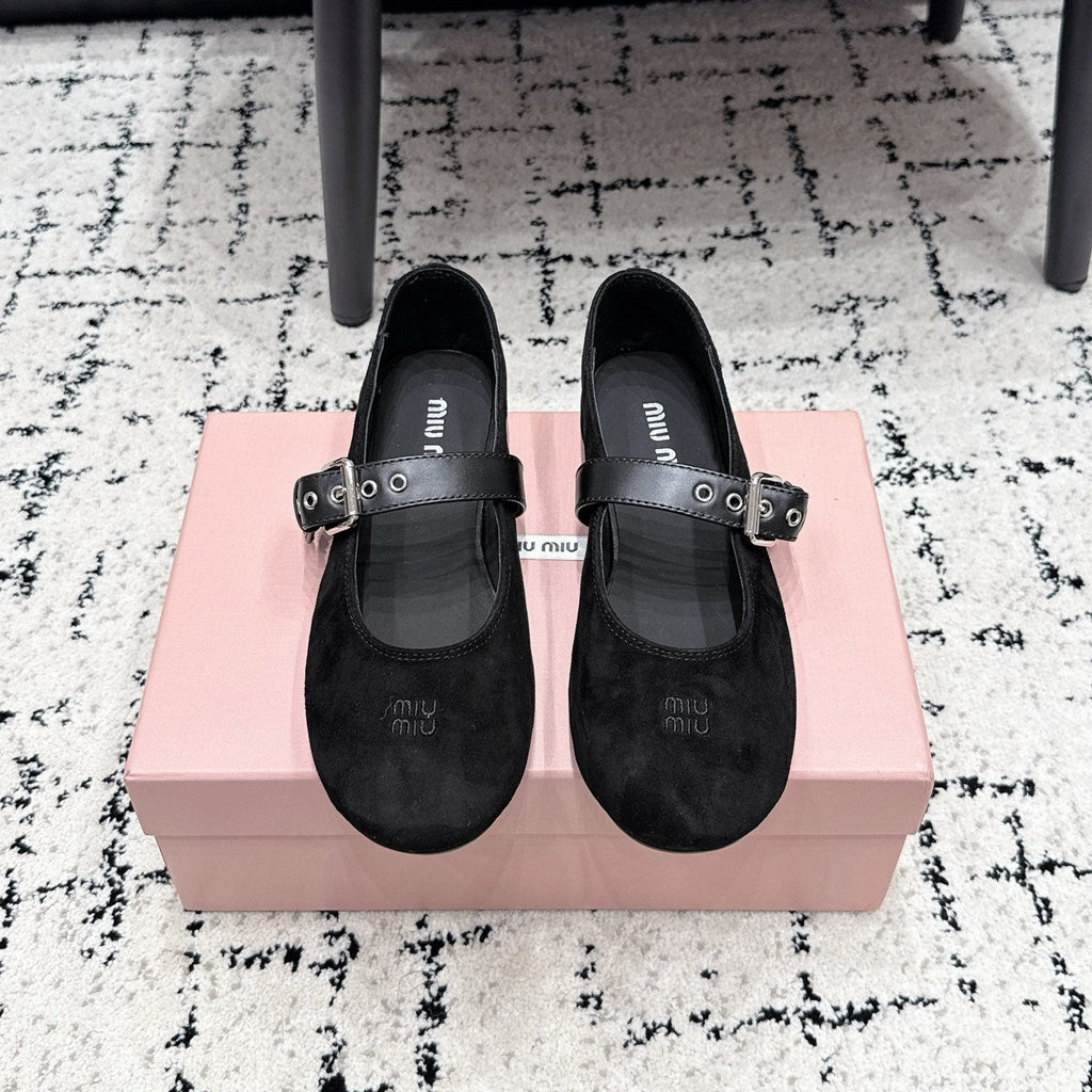 MIUMIU 26S BALLET FLATS IN BLACK SUEDE
