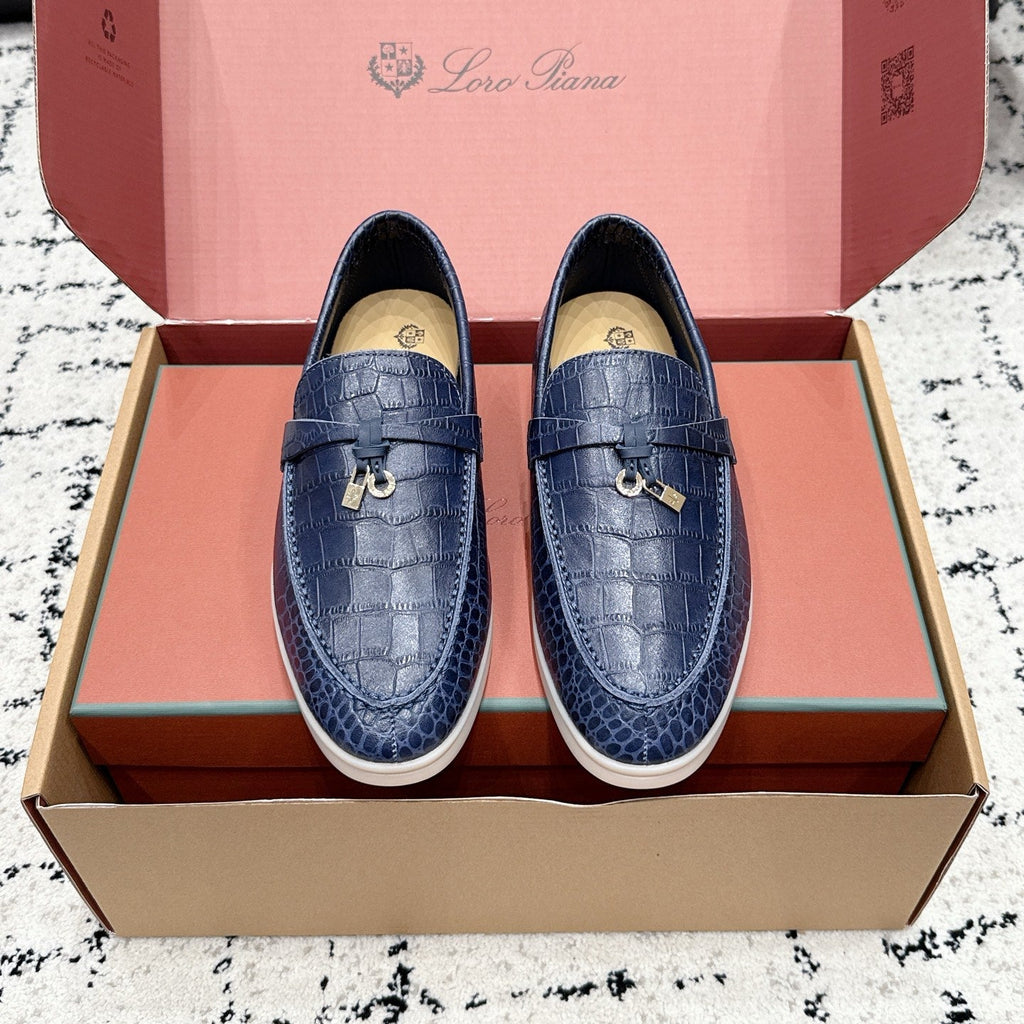 LP 26S SUMMER CHARMS WALK LOAFER IN DARK BLUE CROCODILE CALFSKIN GOLD HARDWARE