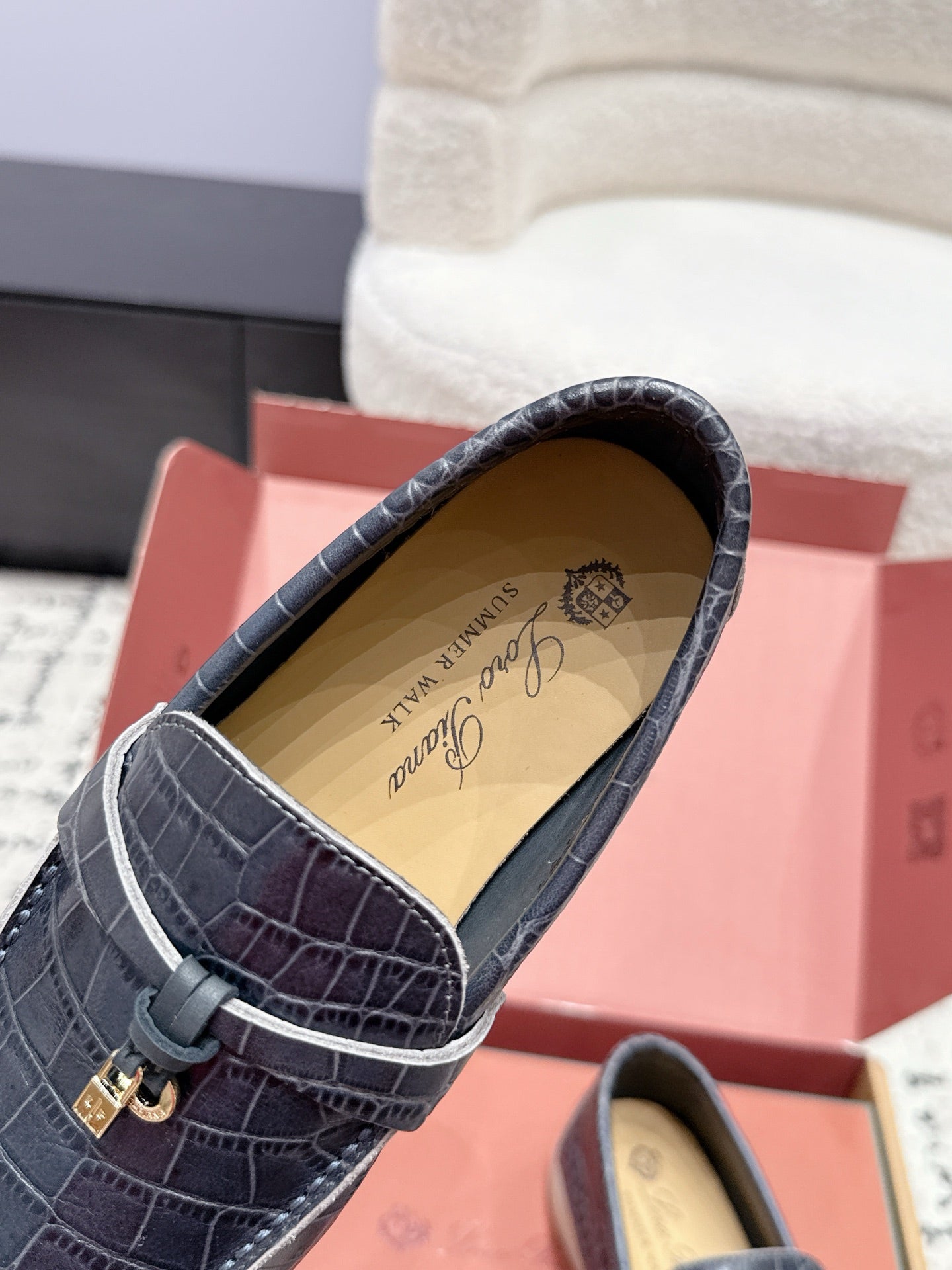 LP 26S SUMMER CHARMS WALK LOAFER IN BLUE GREY CROCODILE CALFSKIN GOLD HARDWARE