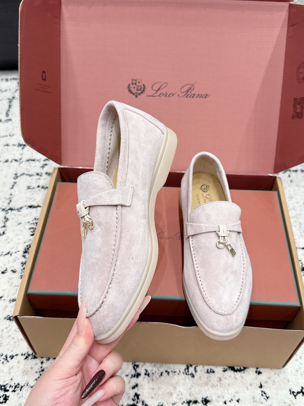 LP 26S SUMMER CHARMS WALK LOAFER IN LIGHT PINK GREY SUEDE GOLD HARDWARE