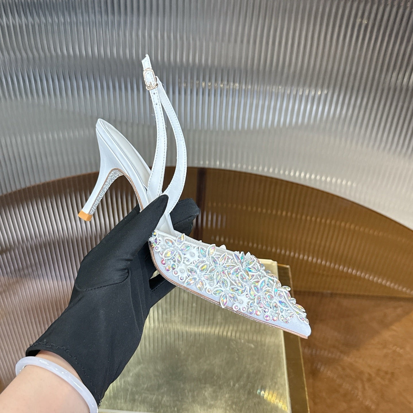 RENE CAOVILLA 26S HIGH-HEEL SLINGBACKS 75 MM IN WHITE LAMBSKIN CRYSTAL EMBELLISHED