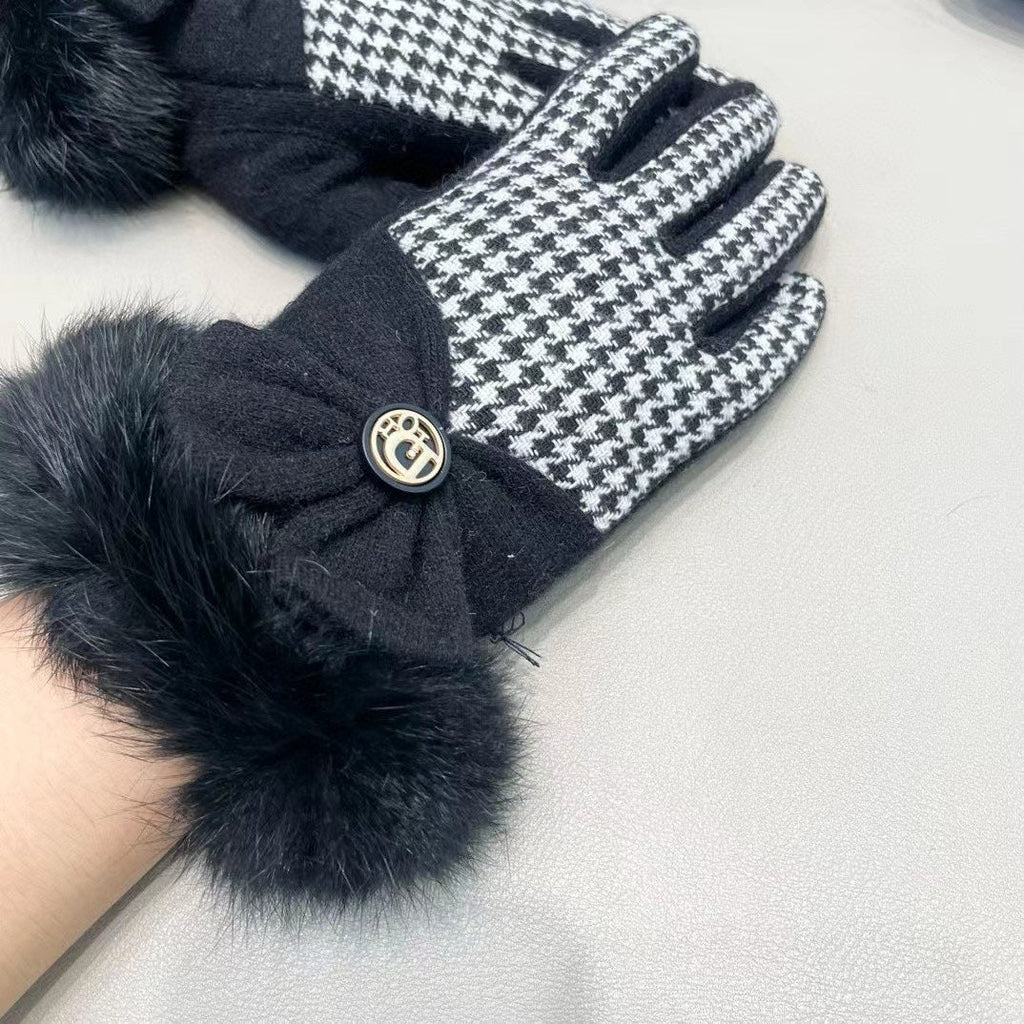 GLOVES WITH BOW IN BLACK MIX WHITE WOOL AND RABBIT FUR 453759