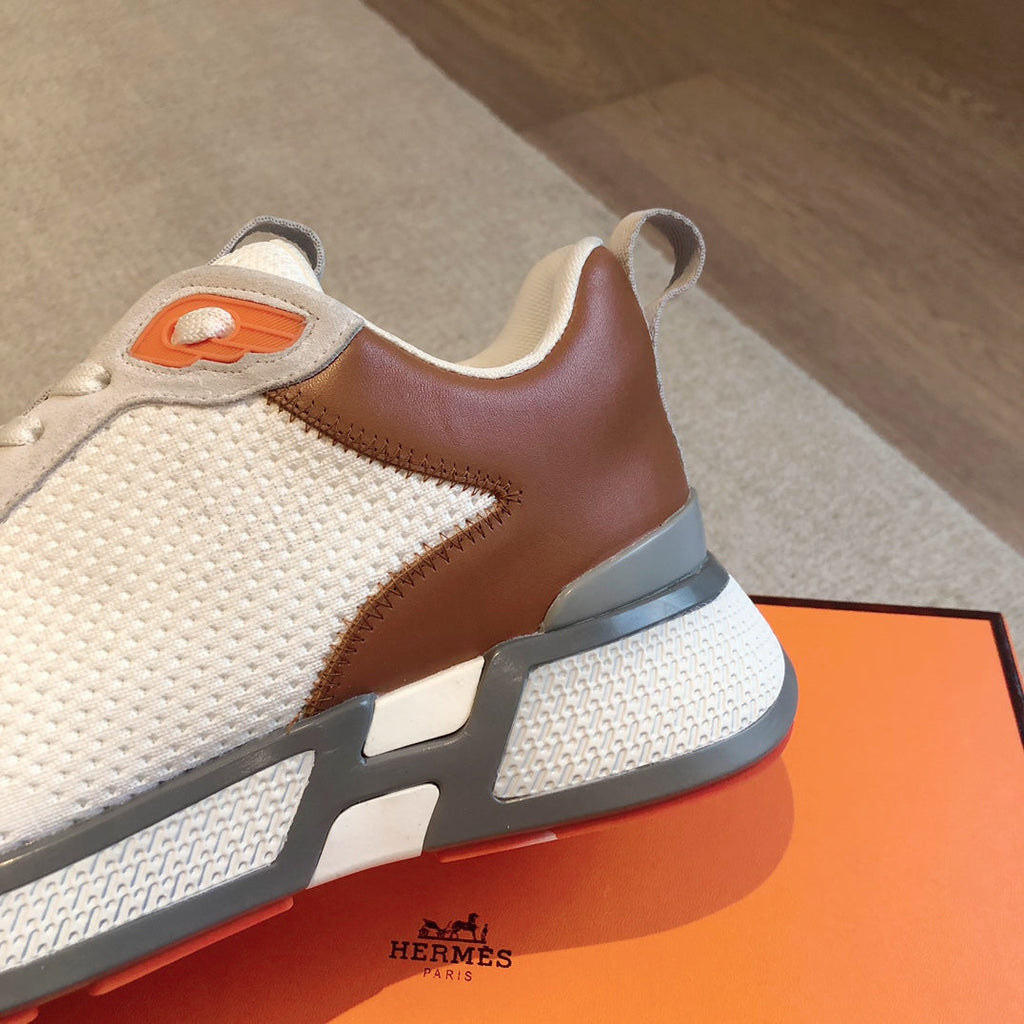 HEROS SNEAKER IN WHITE BREATHABLE MESH FABRIC AND BROWN CALFSKIN