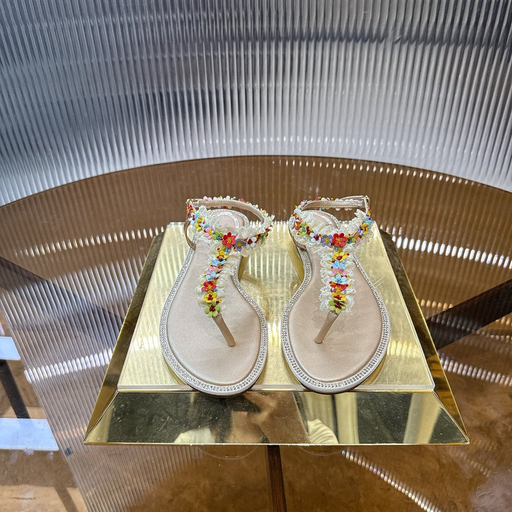 RENE CAOVILLA 26S THONG SANDALS IN BEIGE LAMBSKIN FLOWER STRAP