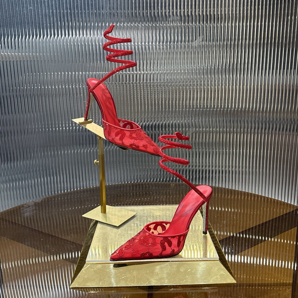 RENE CAOVILLA 26S HIGH-HEEL 100 MM IN RED MESH AND LAMBSKIN EMBELLISHED