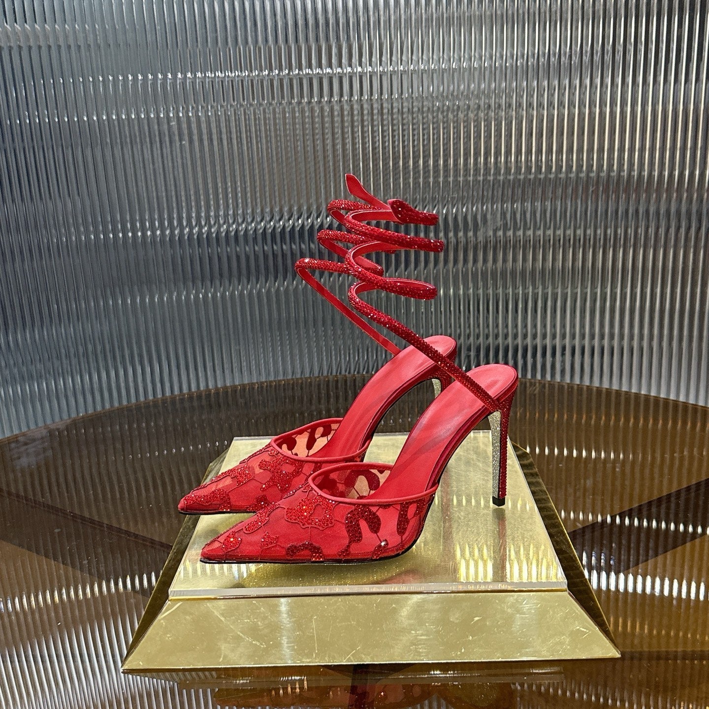 RENE CAOVILLA 26S HIGH-HEEL 100 MM IN RED MESH AND LAMBSKIN EMBELLISHED