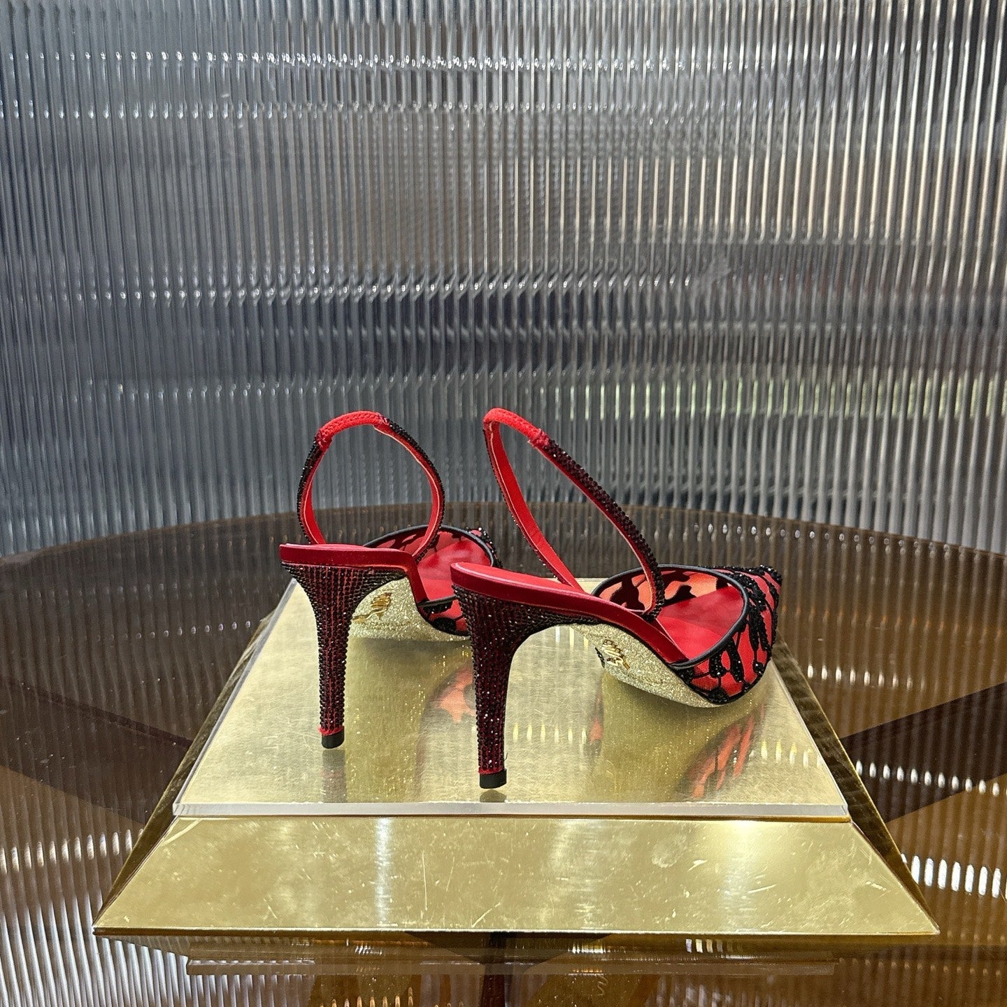 RENE CAOVILLA 26S HIGH-HEEL SLINGBACKS 100 MM IN RED MIX BLACK RHINESTONE MESH