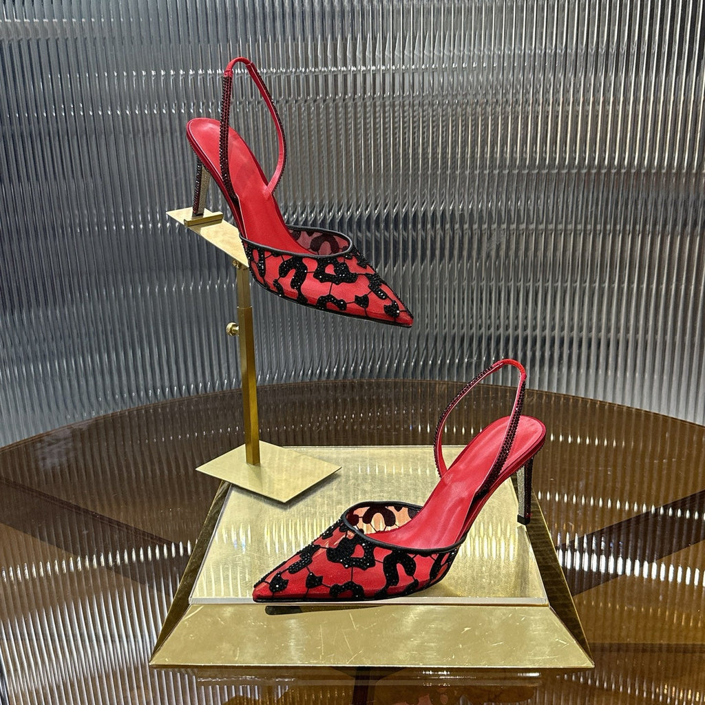 RENE CAOVILLA 26S HIGH-HEEL SLINGBACKS 100 MM IN RED MIX BLACK RHINESTONE MESH