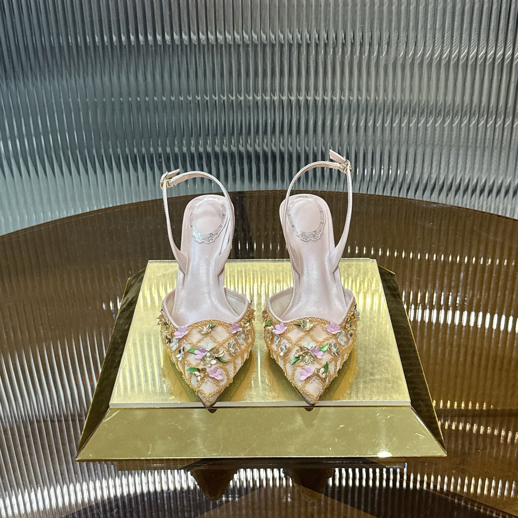 RENE CAOVILLA 26S HIGH-HEEL SLINGBACKS 75 MM IN BEIGE LAMBSKIN FLOWER-EMBELLISHED