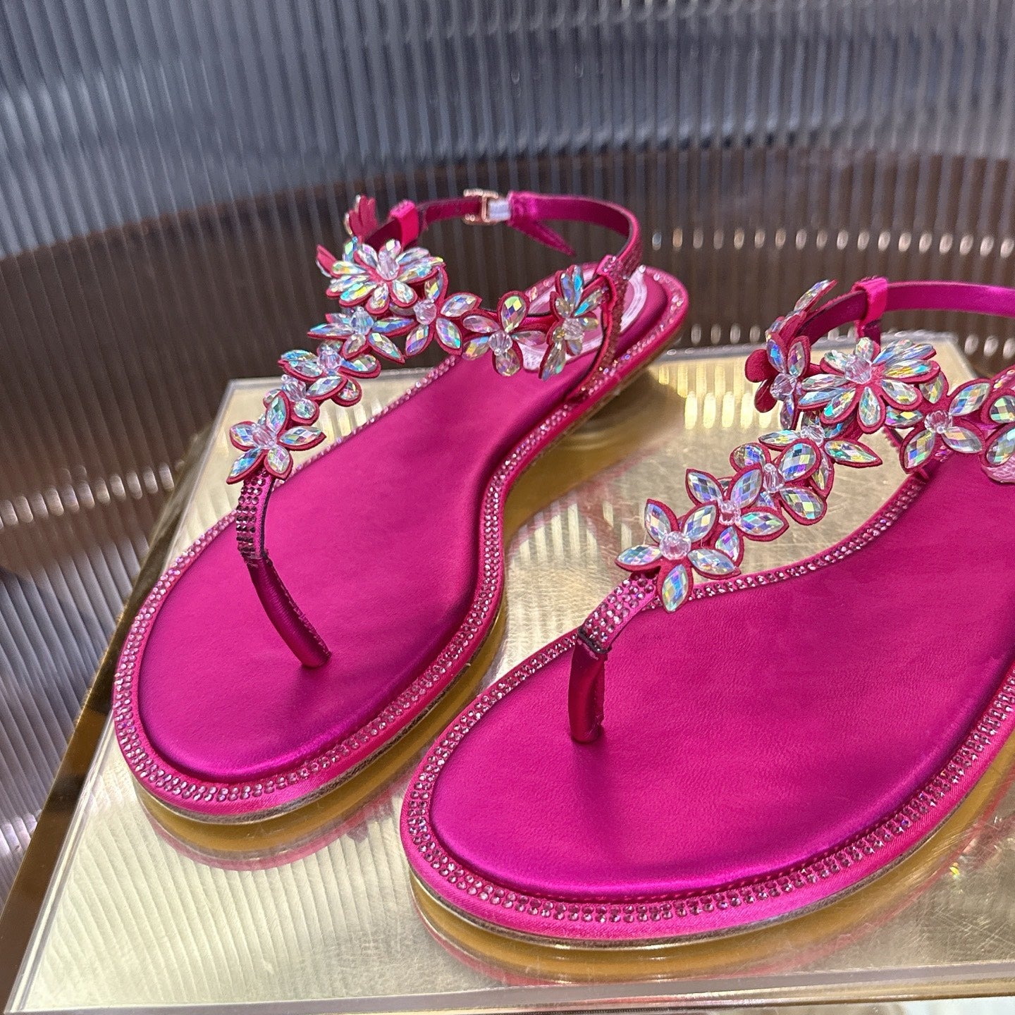 RENE CAOVILLA 26S EMBELLISHED THONG SANDALS IN DARK PINK LAMBSKIN