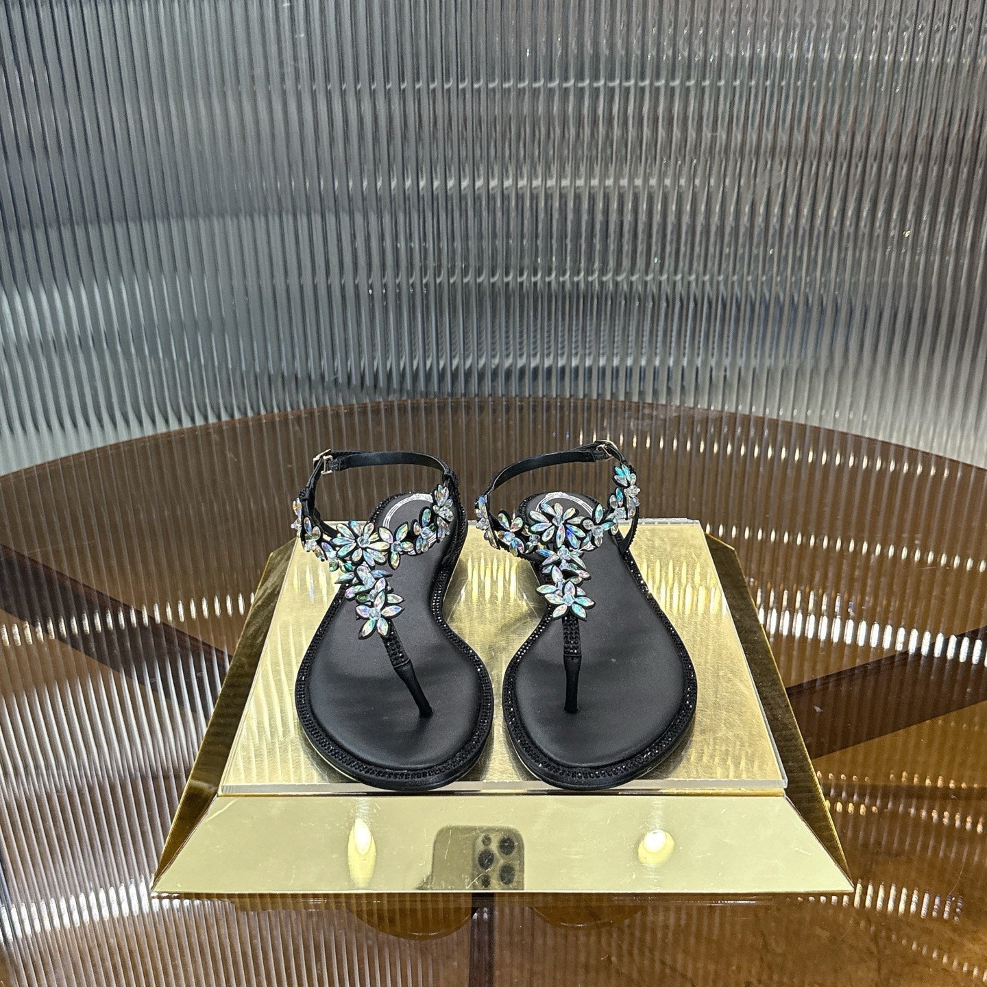RENE CAOVILLA 26S EMBELLISHED THONG SANDALS IN BLACK LAMBSKIN