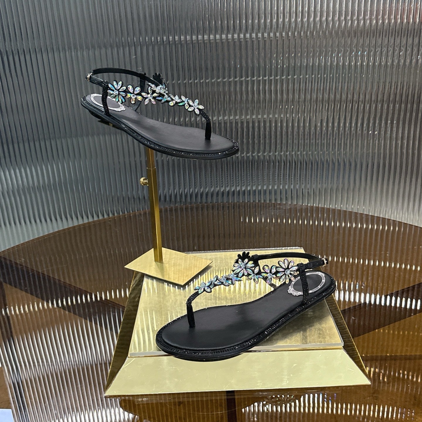 RENE CAOVILLA 26S EMBELLISHED THONG SANDALS IN BLACK LAMBSKIN