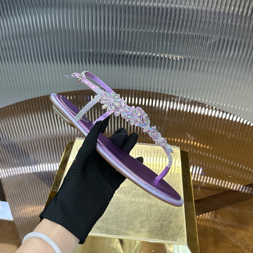 RENE CAOVILLA 26S EMBELLISHED THONG SANDALS IN PURPLE LAMBSKIN