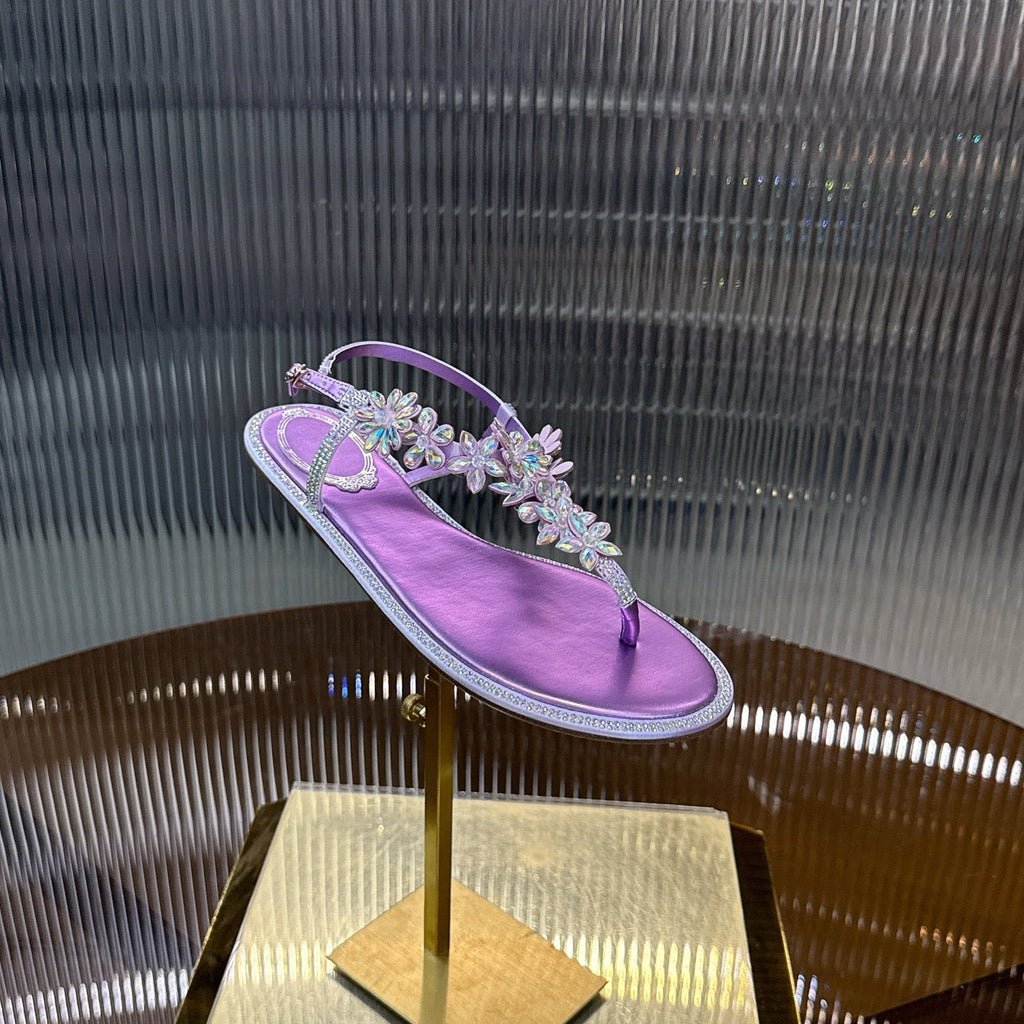 RENE CAOVILLA 26S EMBELLISHED THONG SANDALS IN PURPLE LAMBSKIN