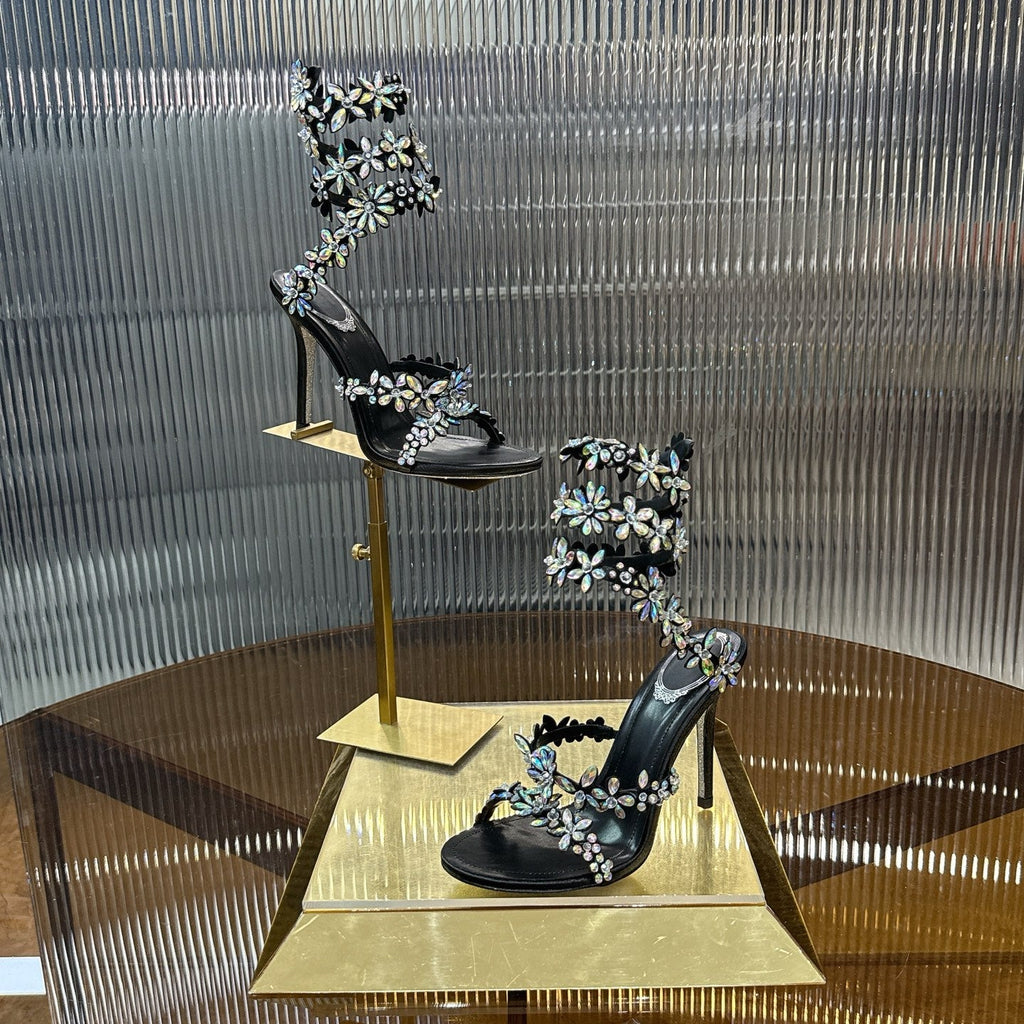 RENE CAOVILLA 26S HEELED SANDALS 100 MM IN BLACK LAMBSKIN