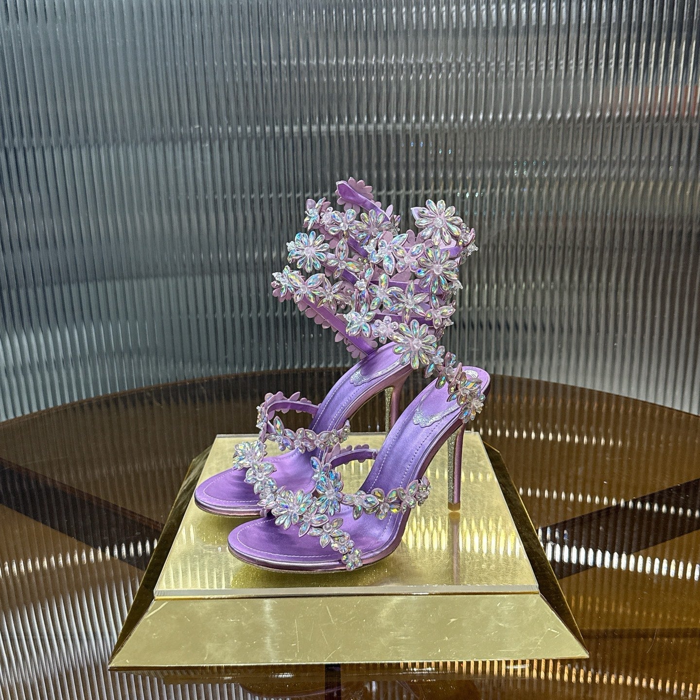 RENE CAOVILLA 26S HEELED SANDALS 100 MM IN PURPLE LAMBSKIN