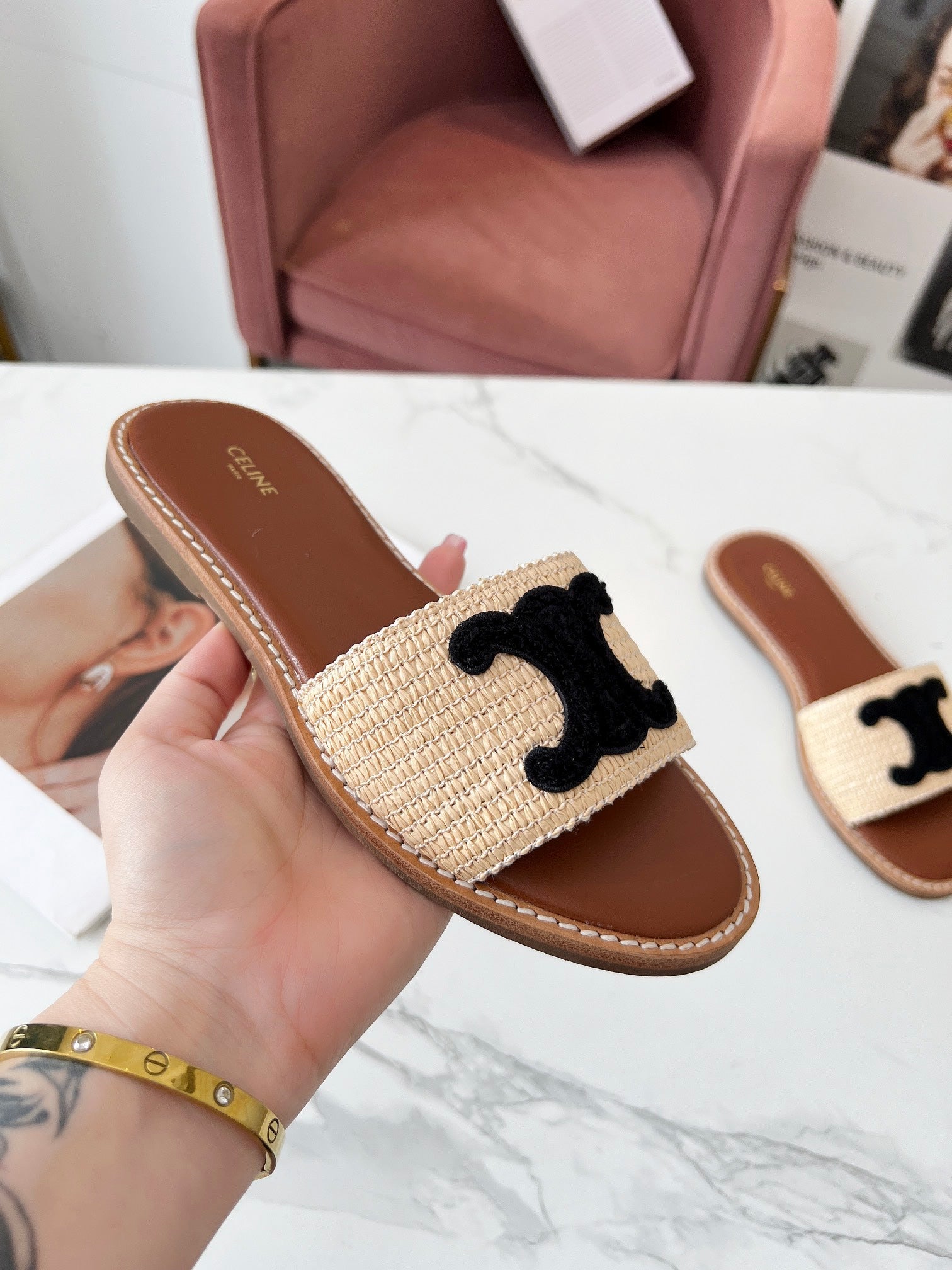 LYMPIA MULE BEIGE RAFFIA BLACK WOOL LOGO