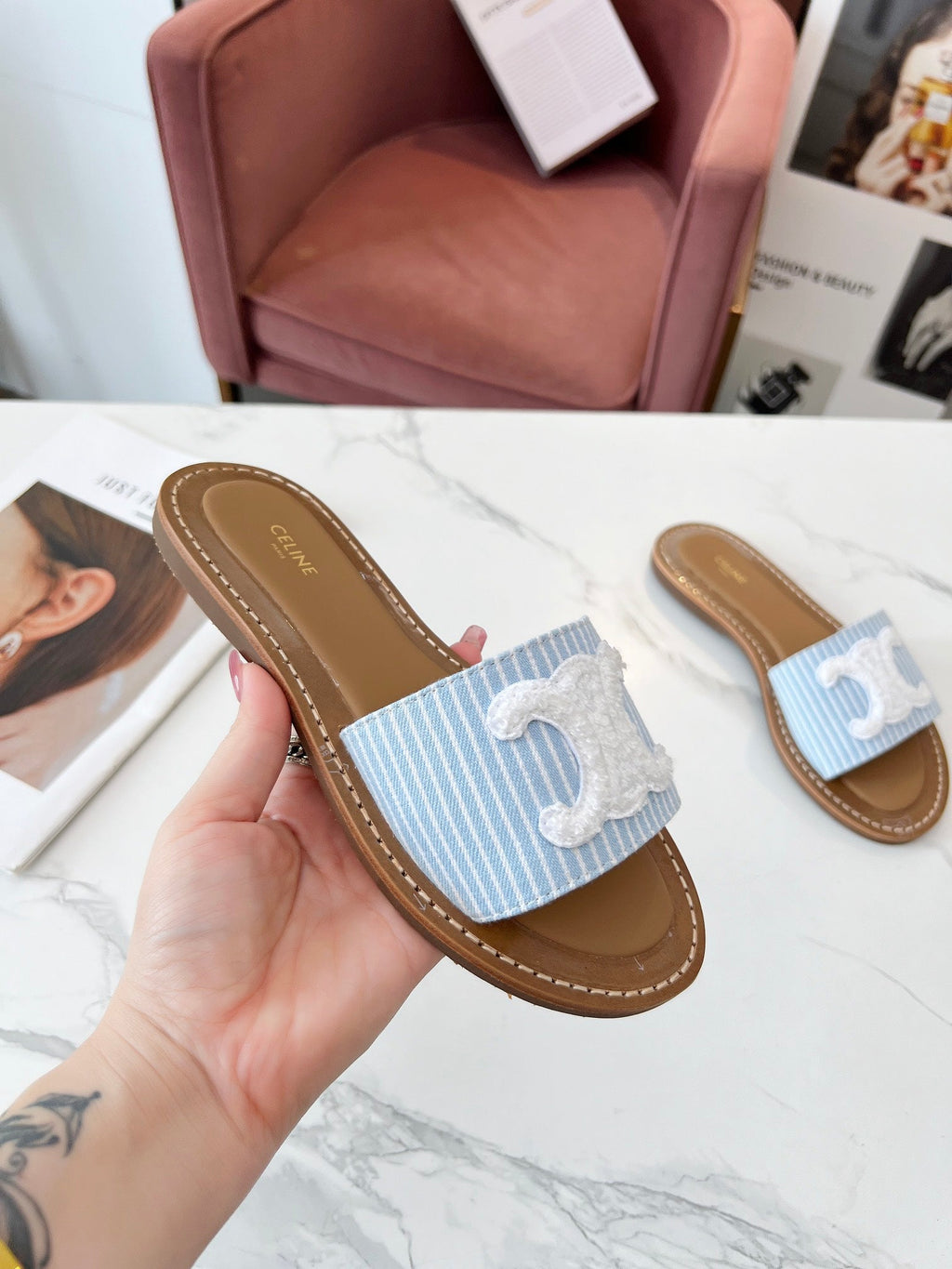 LYMPIA MULE STRIPED BLUE SKY CANVAS WOOL LOGO