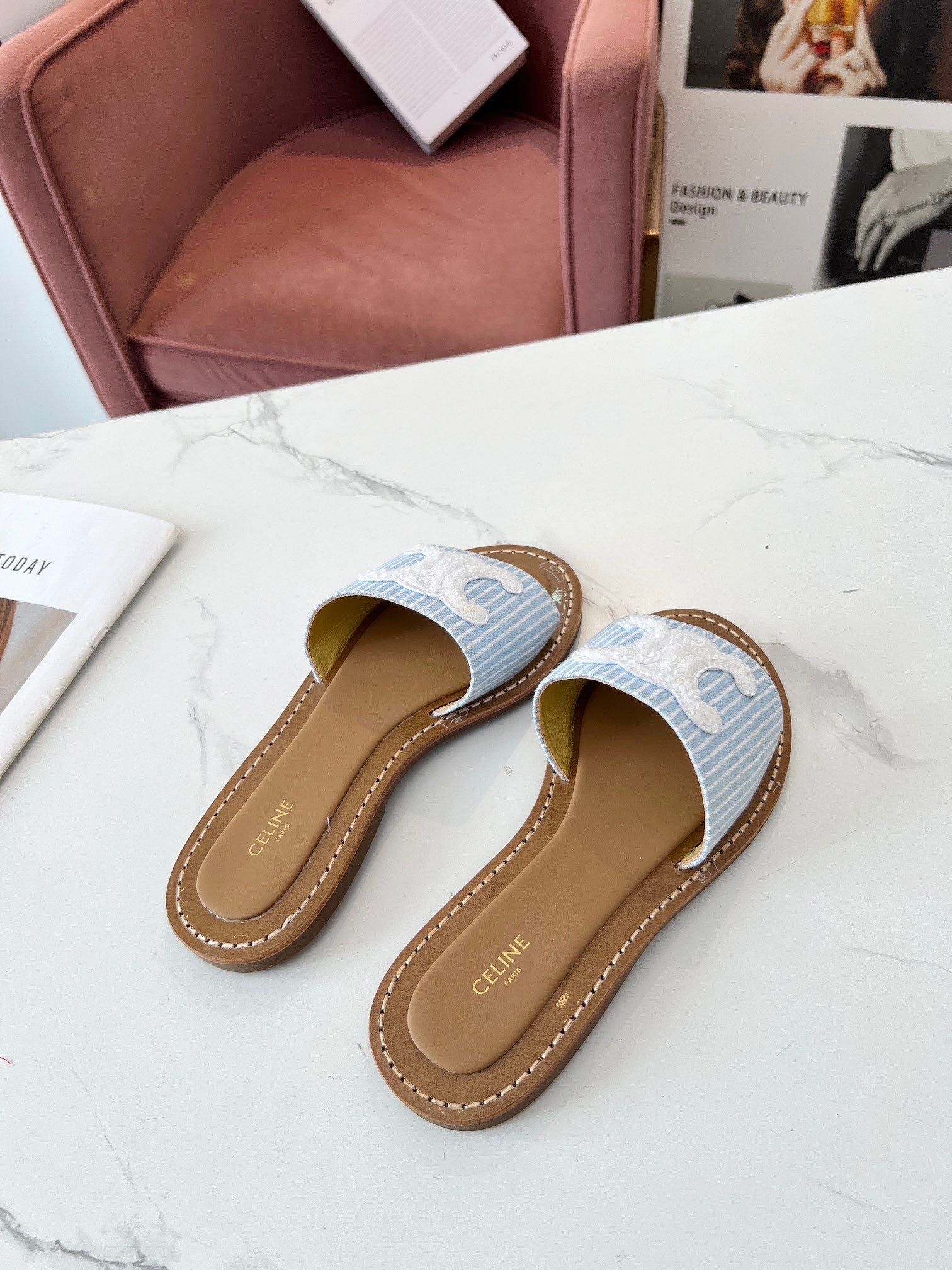 LYMPIA MULE STRIPED BLUE SKY CANVAS WOOL LOGO