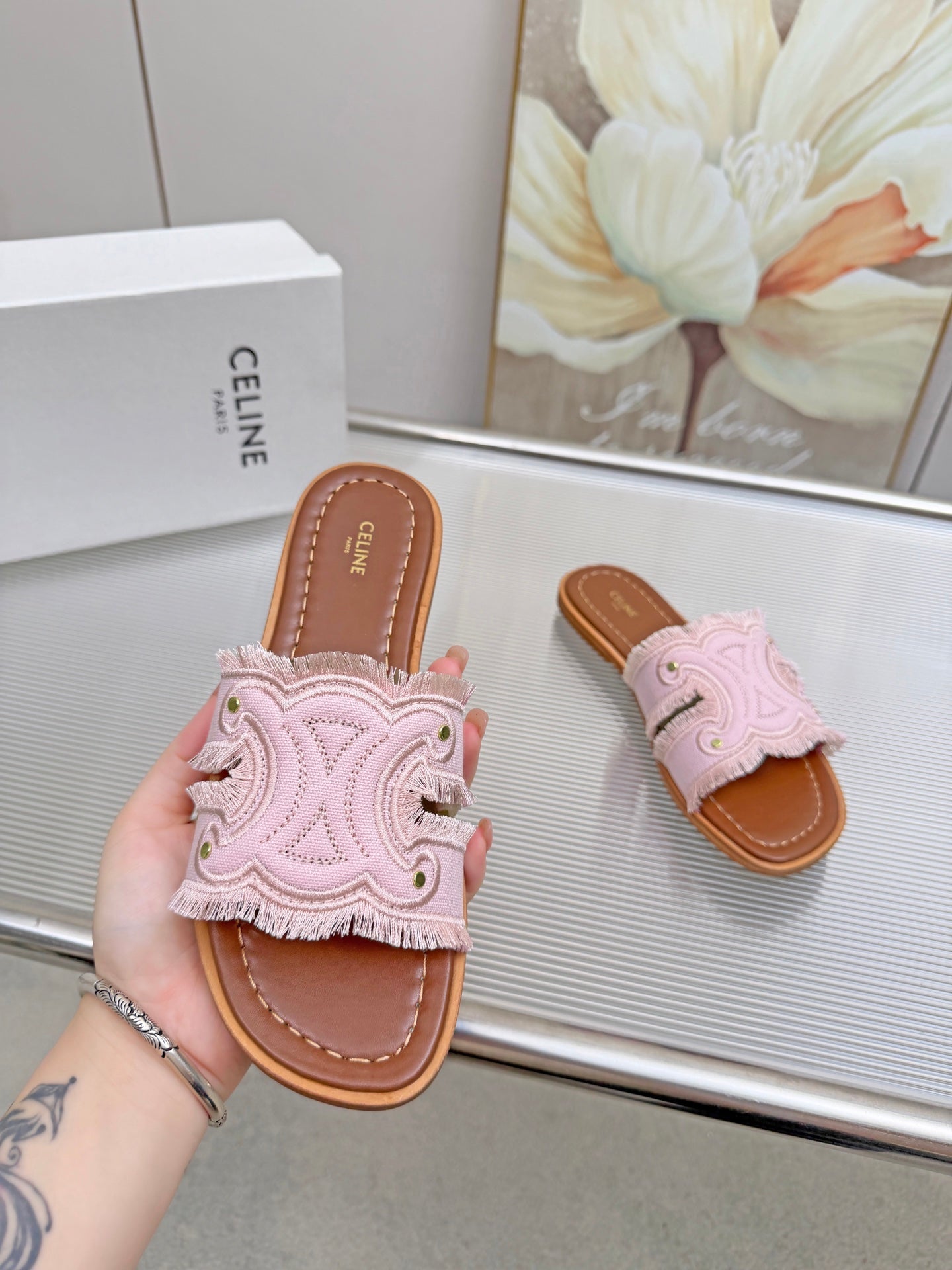CELINE 26S TRIOMPHE SLIDE SANDALS IN NUDE PINK CANVAS