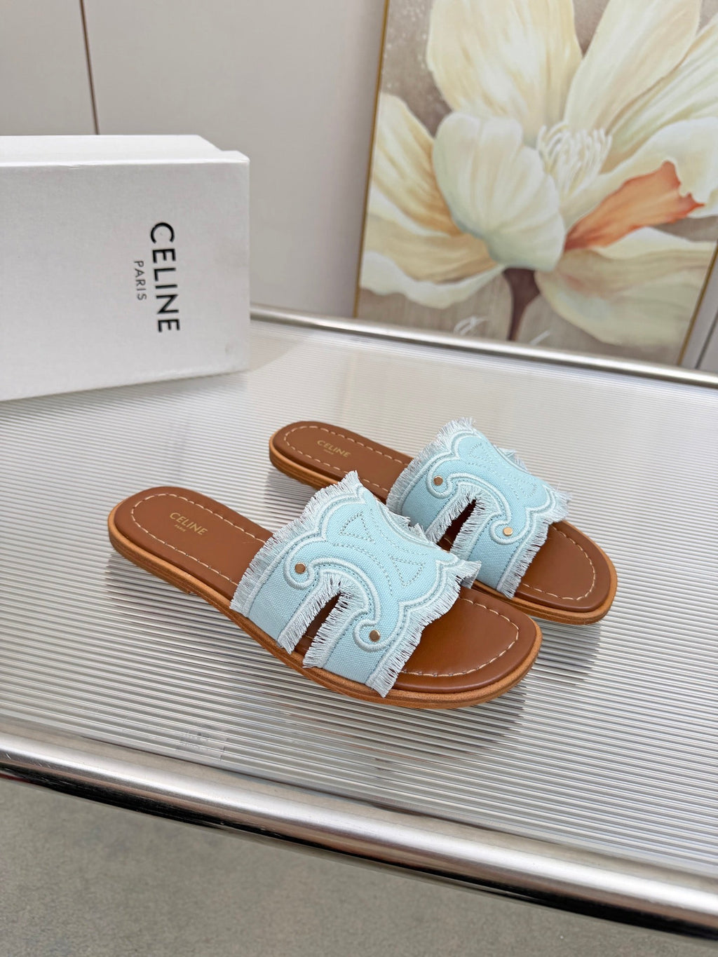 CELINE 26S TRIOMPHE SLIDE SANDALS IN SKY BLUE CANVAS