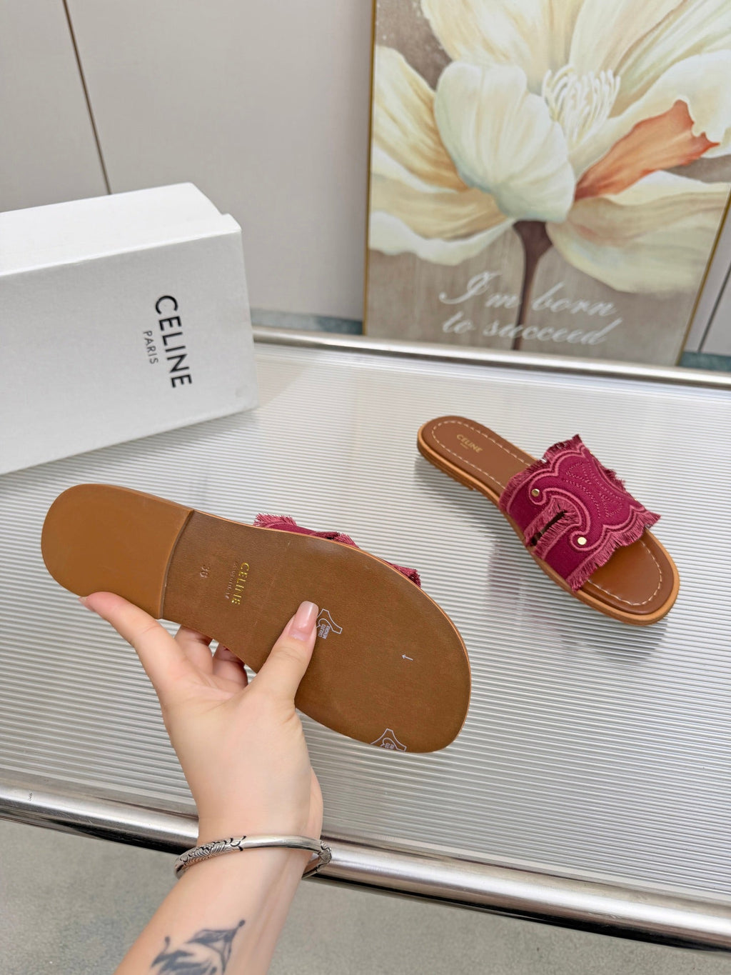 CELINE 26S TRIOMPHE SLIDE SANDALS IN BERRY PINK CANVAS