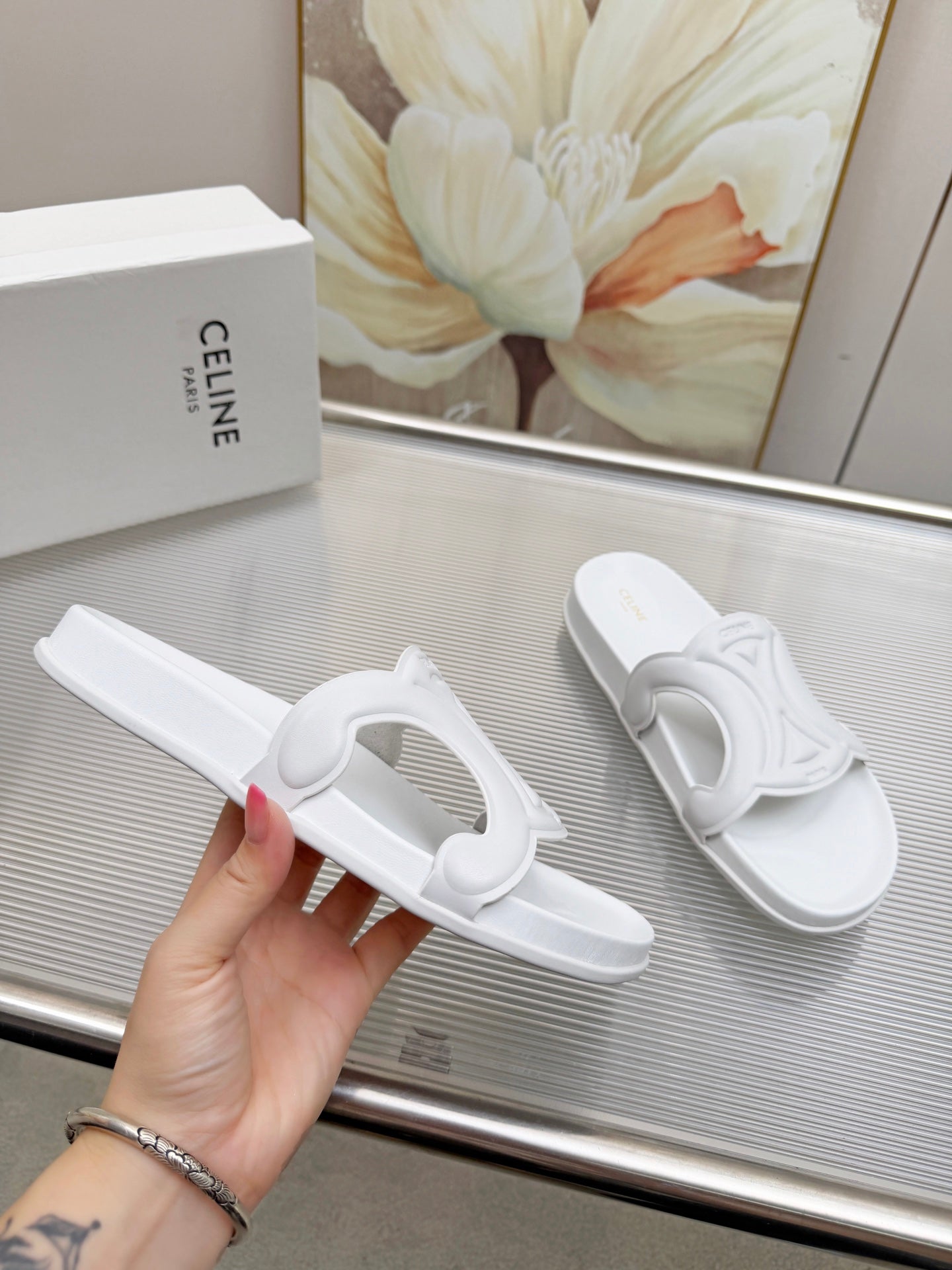 CELINE 26S TRIOMPHE SLIDES IN WHITE CALFSKIN