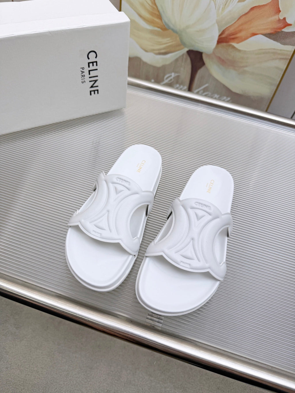 CELINE 26S TRIOMPHE SLIDES IN WHITE CALFSKIN