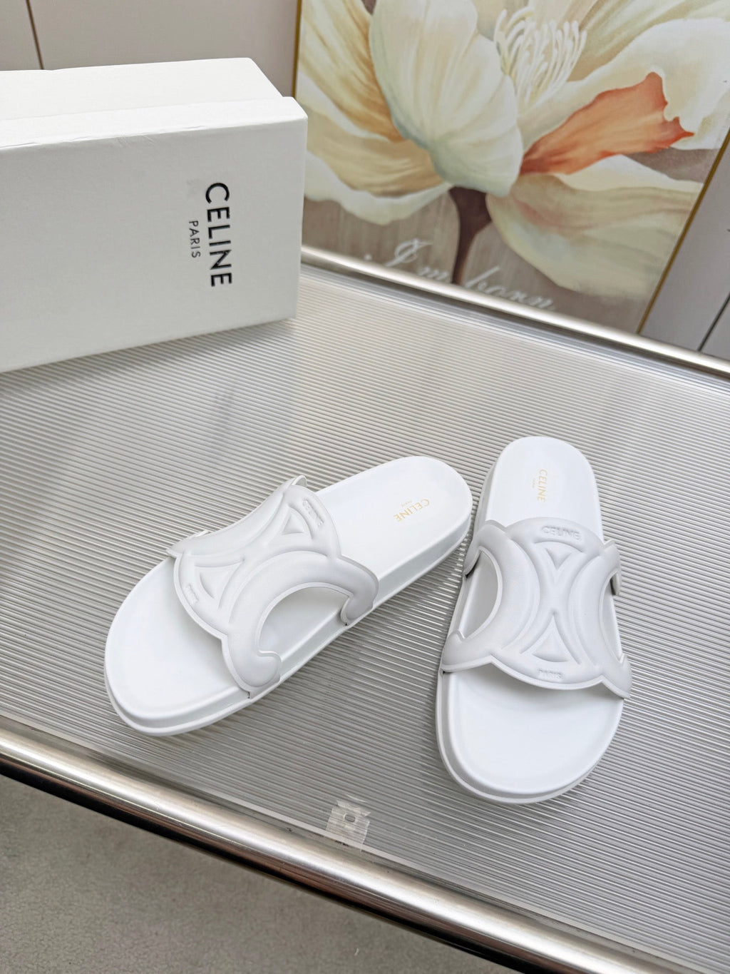 CELINE 26S TRIOMPHE SLIDES IN WHITE CALFSKIN