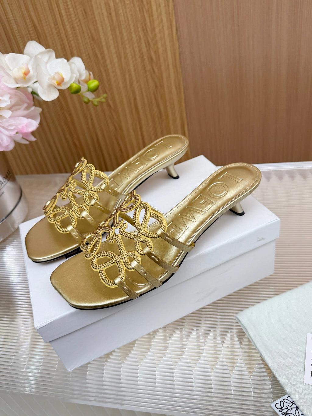 LOEWE 26S PETAL ANAGRAM SLIDE 45MM IN GOLD SOFT CALFSKIN WITH CRYSTALS