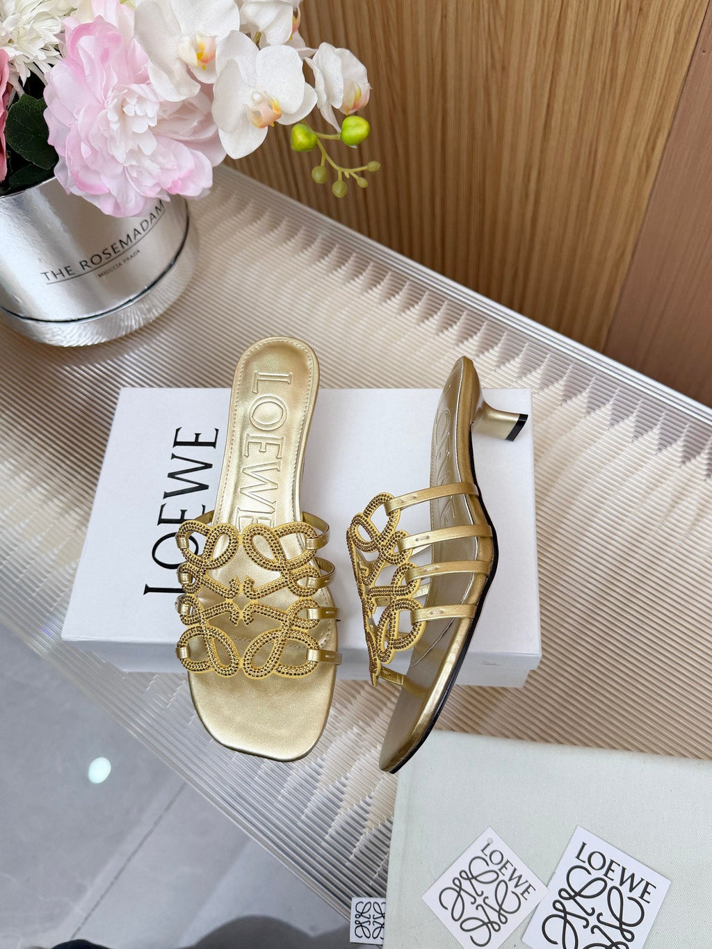LOEWE 26S PETAL ANAGRAM SLIDE 45MM IN GOLD SOFT CALFSKIN WITH CRYSTALS