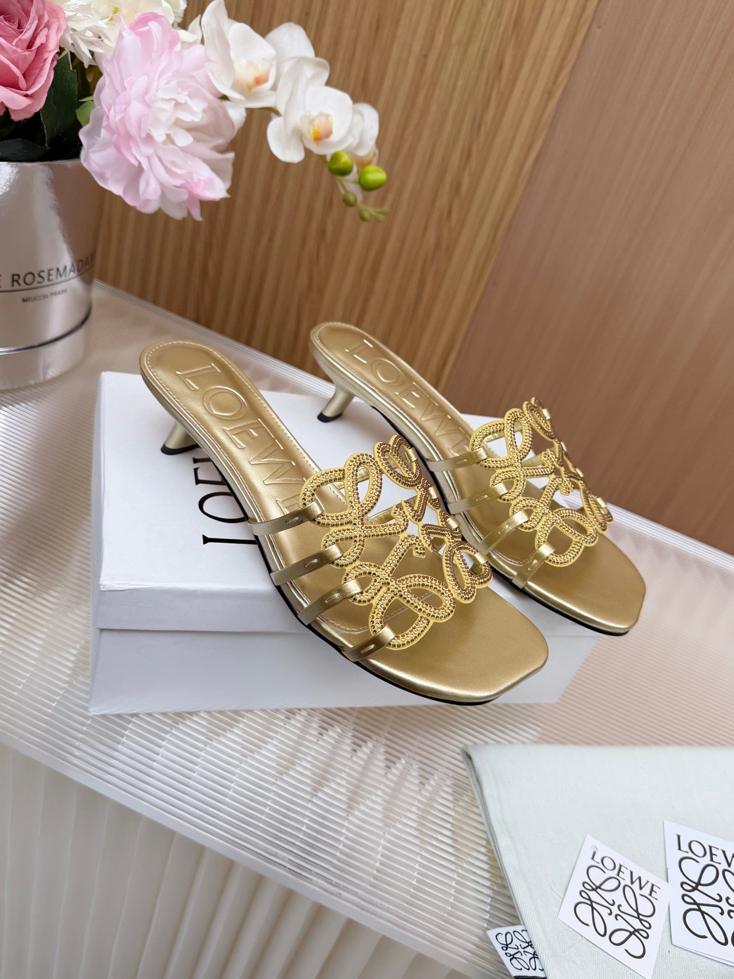 LOEWE 26S PETAL ANAGRAM SLIDE 45MM IN GOLD SOFT CALFSKIN WITH CRYSTALS