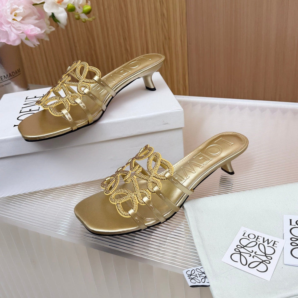 LOEWE 26S PETAL ANAGRAM SLIDE 45MM IN GOLD SOFT CALFSKIN WITH CRYSTALS