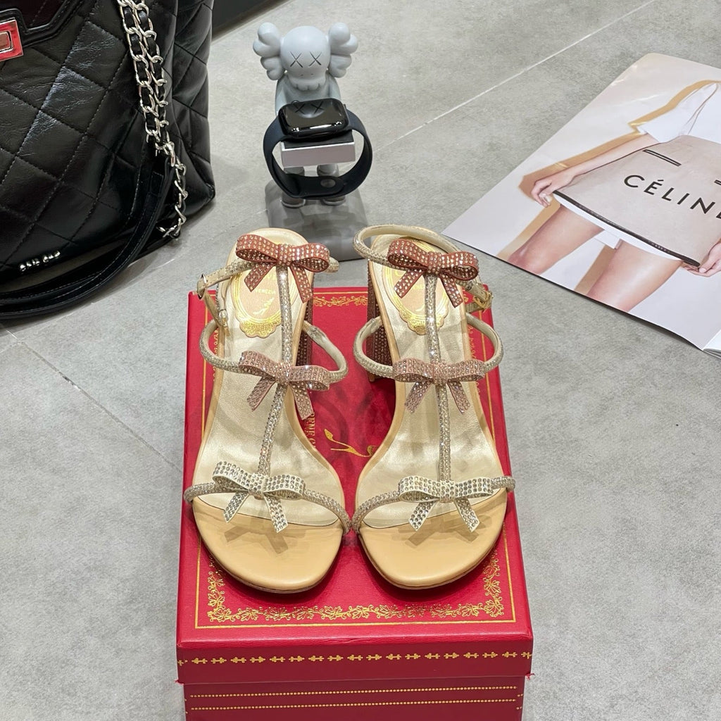 RENE CAOVILLA 26S HEELED SANDALS 85 MM IN BEIGE LAMBSKIN WITH BOW