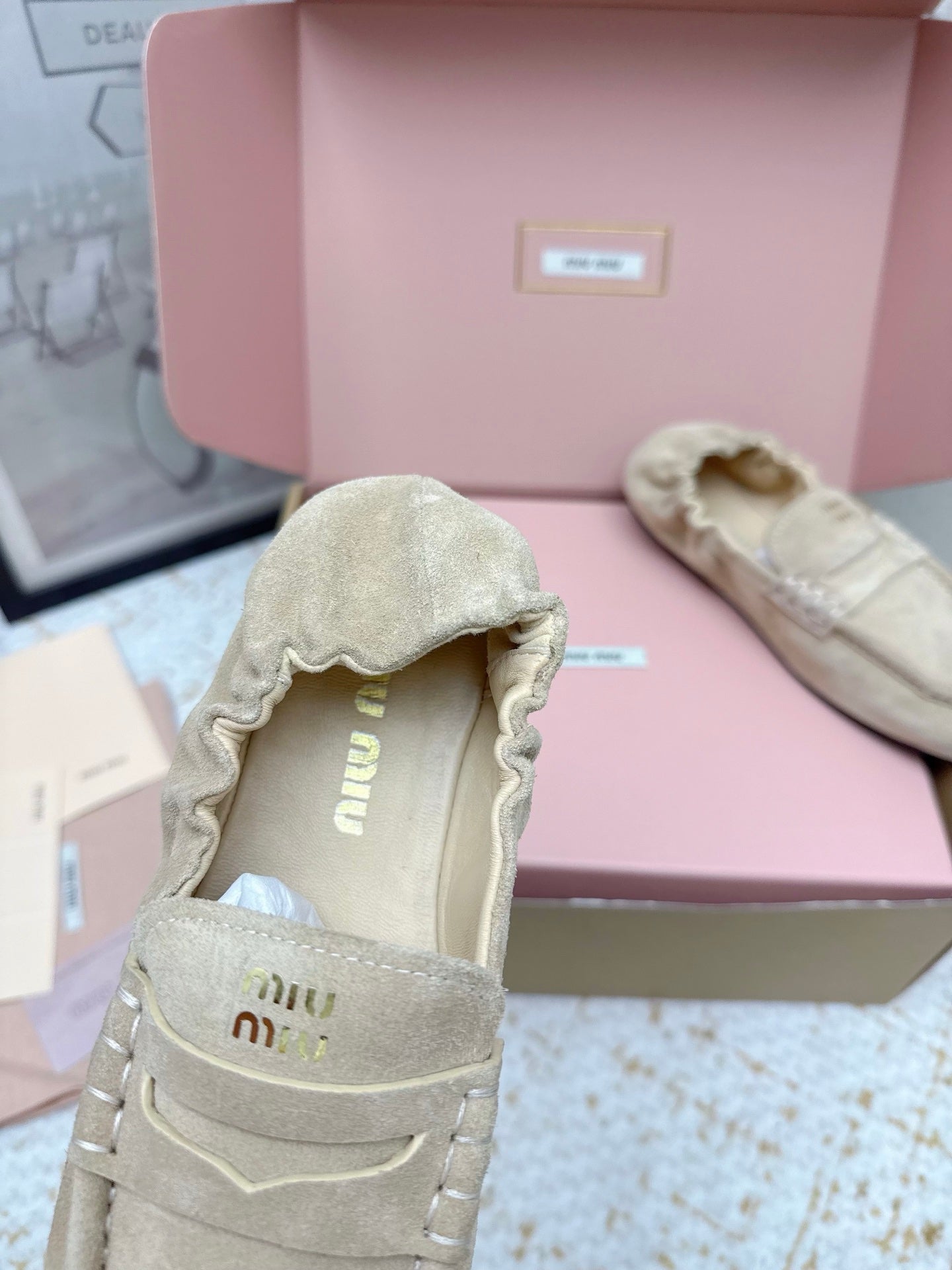 MIUMIU 25S NAPPA LOAFERS IN BEIGE SUEDE