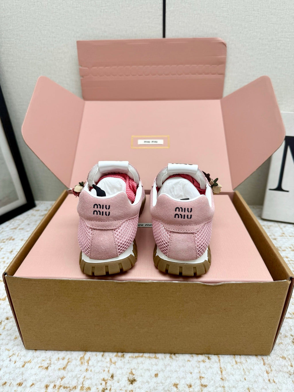 MIUMIU 26S CHARM SNEAKERS IN PINK MESH AND SUEDE