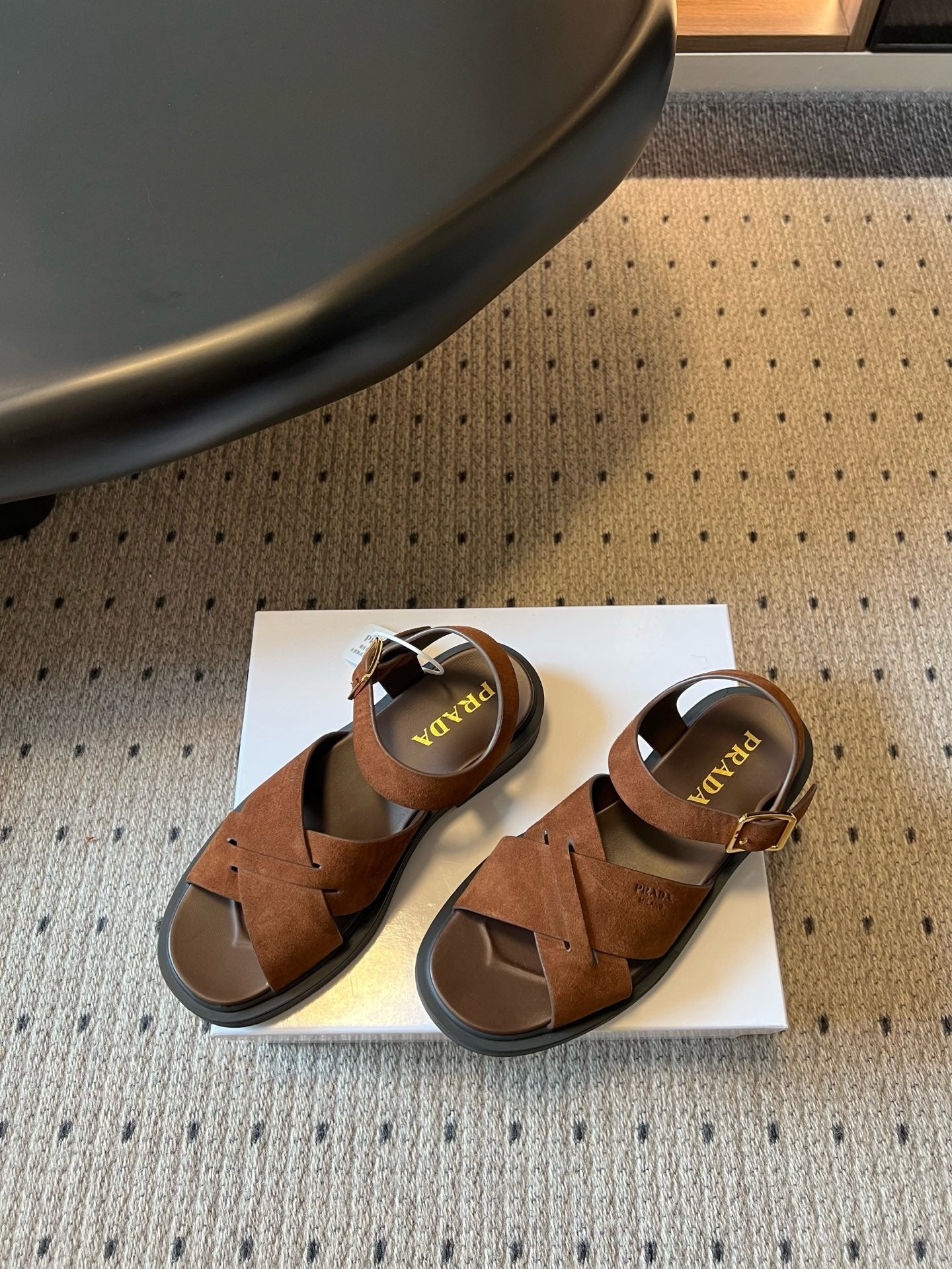 PRADA 26S CROSS STRAP PLATFORM SANDALS 35MM IN BROWN SUEDE