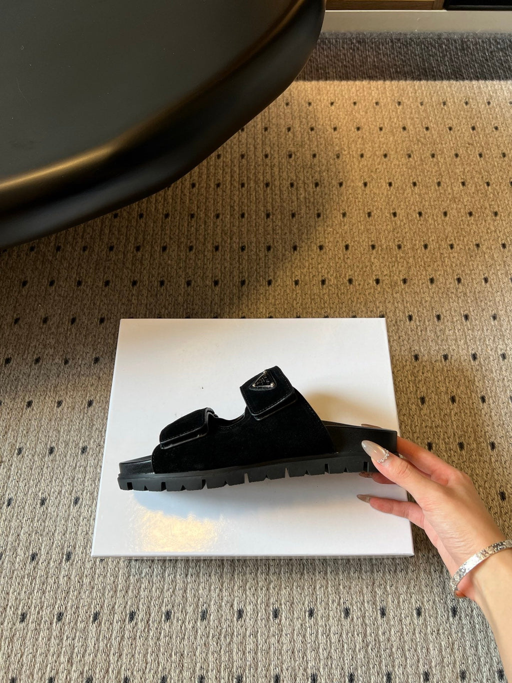 PRADA 26S DOUBLE STRAP SLIDES 35MM IN BLACK SUEDE