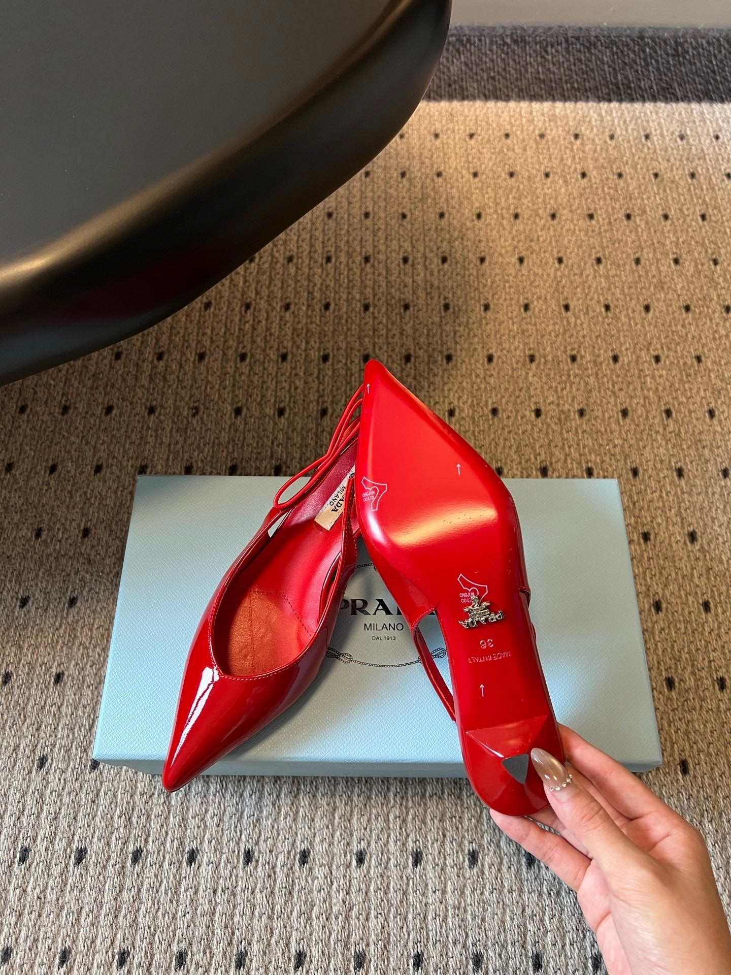 PRADA 26S POINTED TOE SLINGBACK HEELS 55MM IN RED PATENT CALFSKIN
