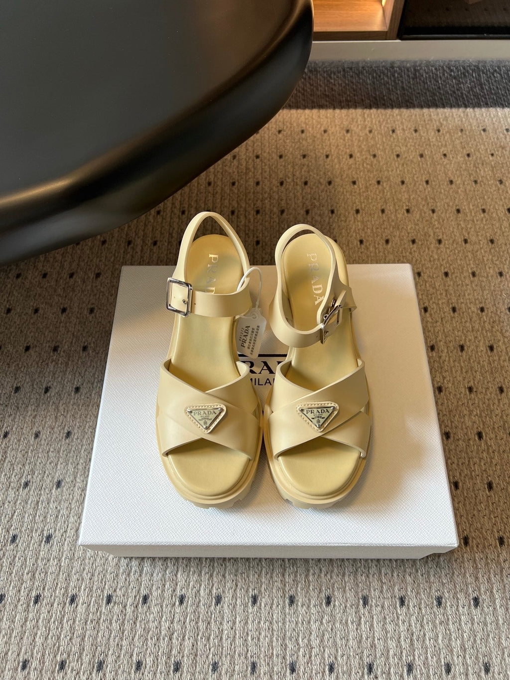 PRADA 26S BLOCK HEEL SANDALS 85MM IN BEIGE EVA FOAM