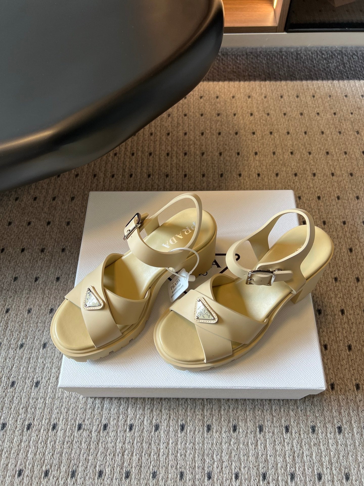 PRADA 26S BLOCK HEEL SANDALS 85MM IN BEIGE EVA FOAM