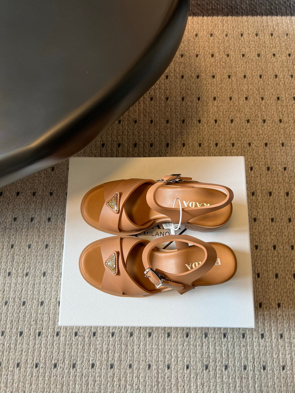 PRADA 26S BLOCK HEEL SANDALS 85MM IN CARAMEL BROWN EVA FOAM