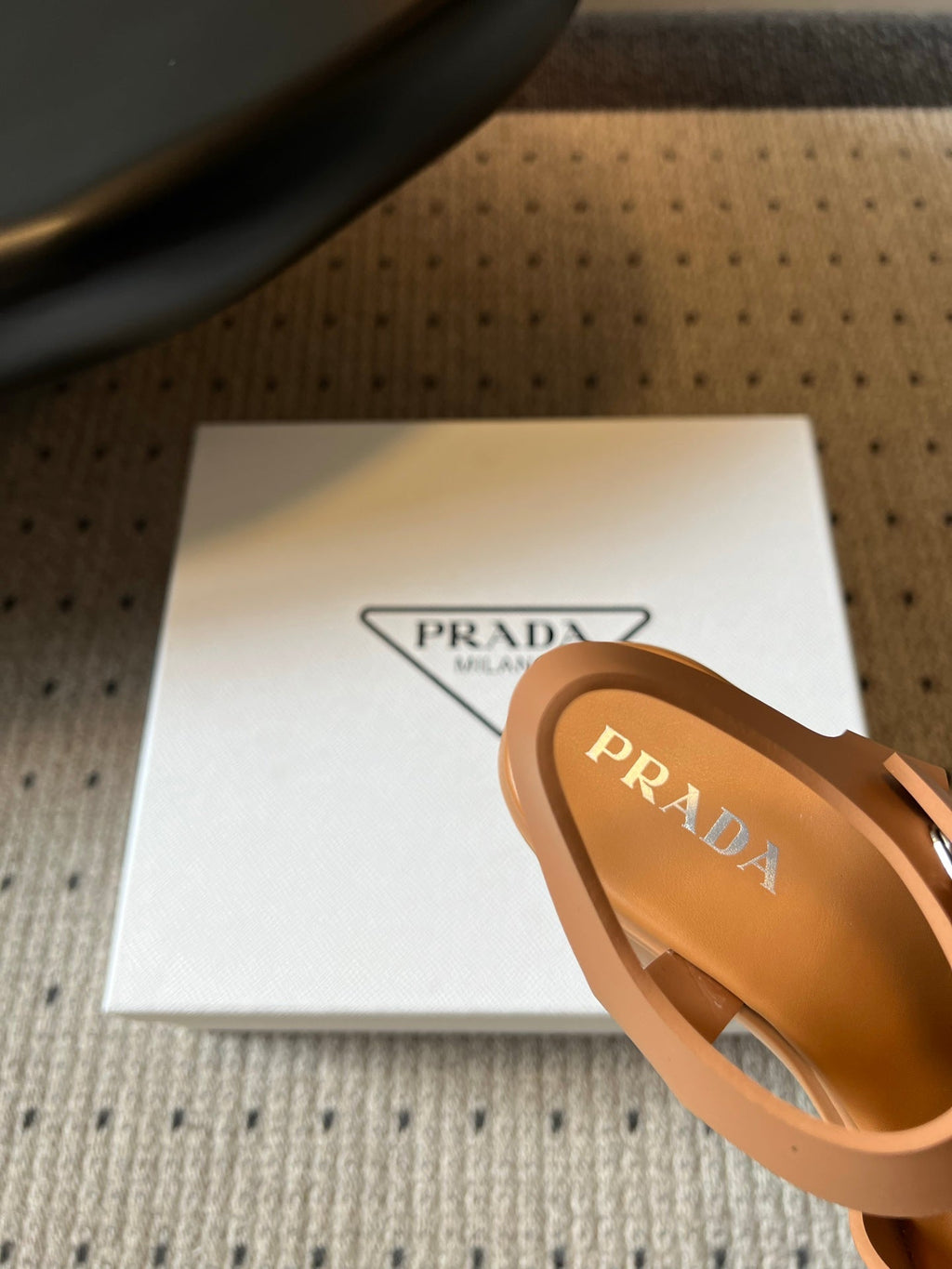 PRADA 26S BLOCK HEEL SANDALS 85MM IN CARAMEL BROWN EVA FOAM