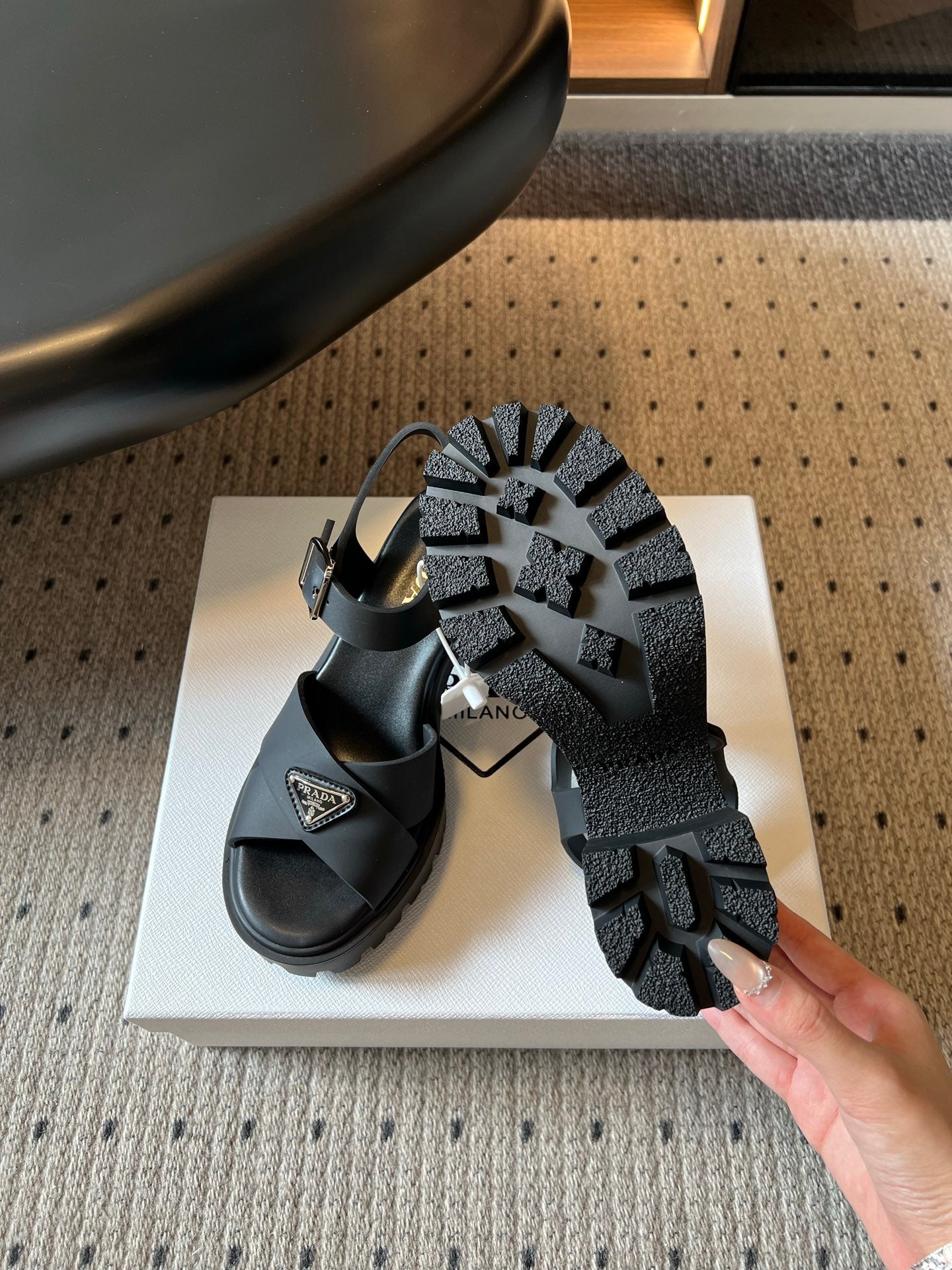 PRADA 26S BLOCK HEEL SANDALS 85MM IN BLACK EVA FOAM