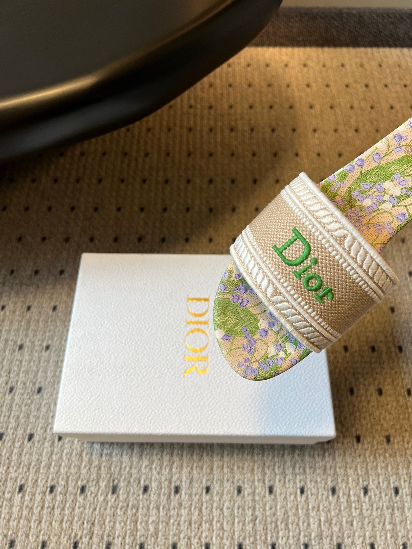 DIOR 26S SLIDES DWAY IN BEIGE GREEN EMBROIDERED CANVAS WITH LOGO & FLORAL PRINT FOOTBED