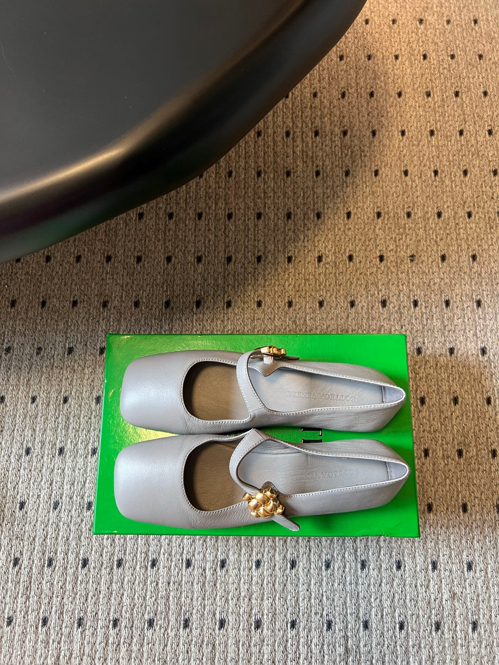 BOTTEGA VENETA 26S MARY JANE FLATS IN DARK GREY LAMBSKIN WITH GOLD HARDWARE