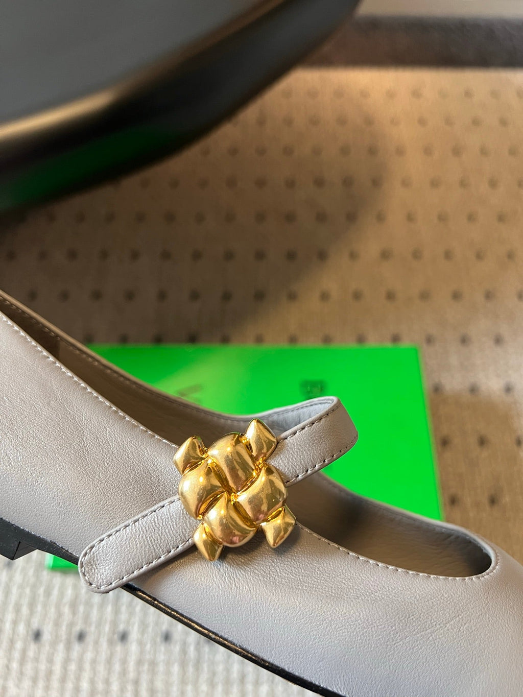 BOTTEGA VENETA 26S MARY JANE FLATS IN DARK GREY LAMBSKIN WITH GOLD HARDWARE