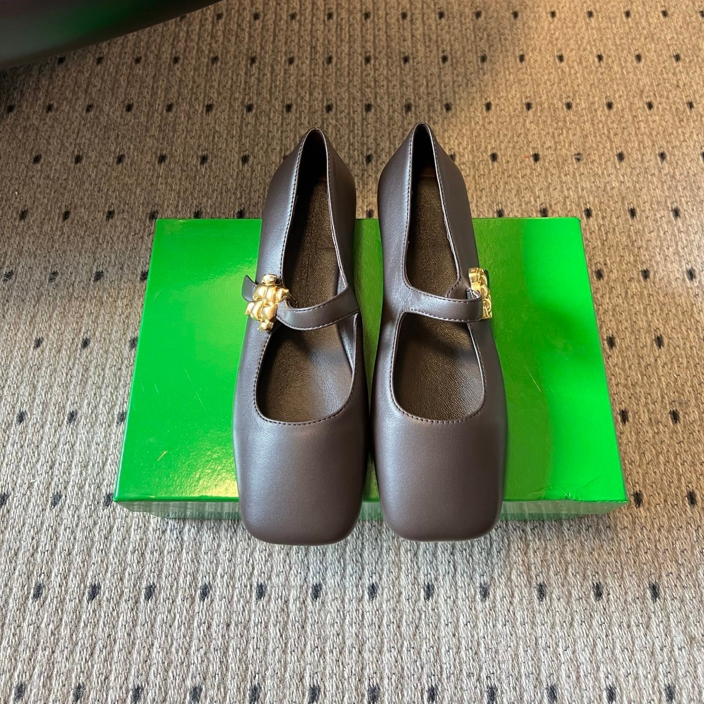 BOTTEGA VENETA 26S MARY JANE FLATS IN DARK BROWN LAMBSKIN WITH GOLD HARDWARE